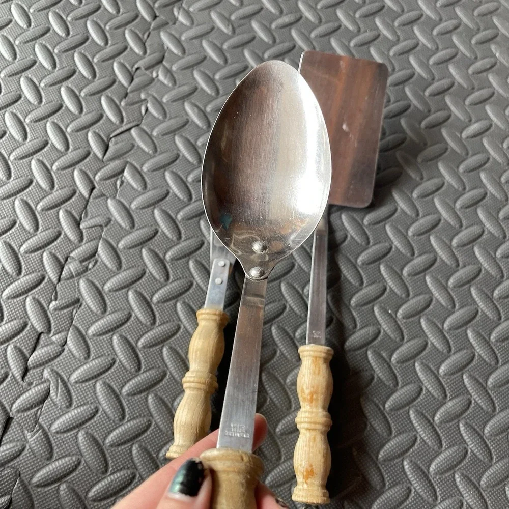 Vintage 3‎ pc MCM Wood Bar Ware Utensil Spoon Spatula Set Stainless Steel Japan